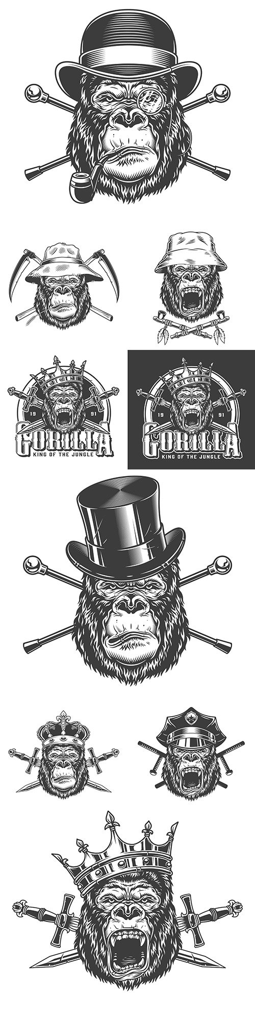 Head gorilla in hat with grunge objects design illustrations