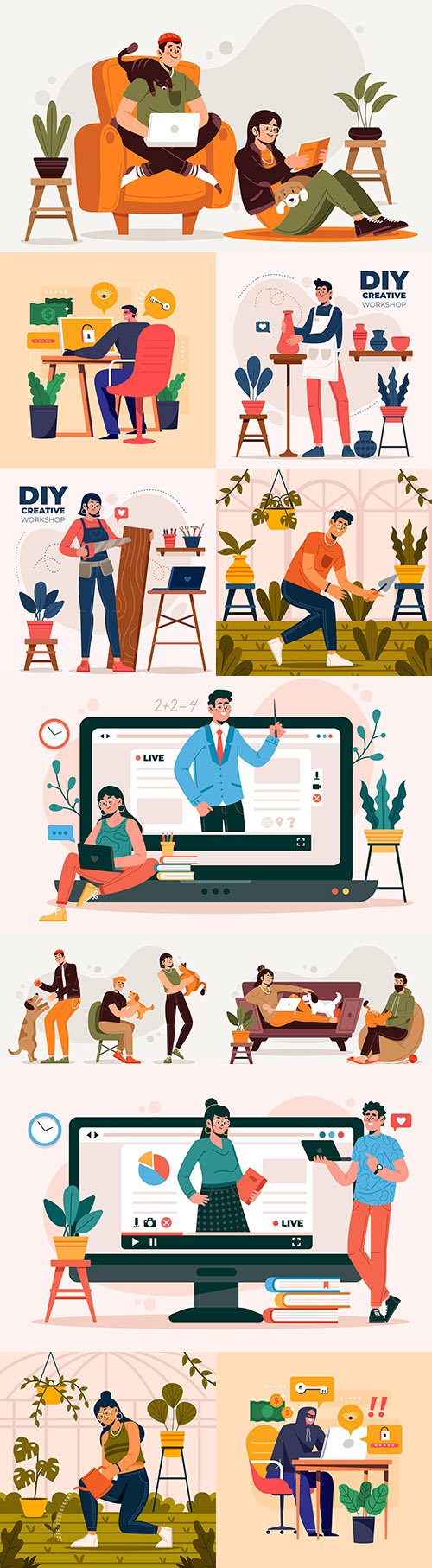 Online courses, gardening, people with pet illustrations