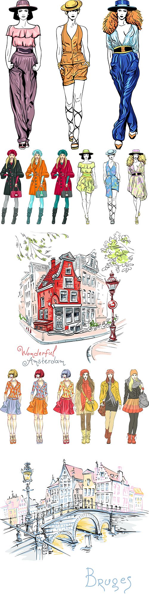 Picturesque view of city and trendy girls top model illustration