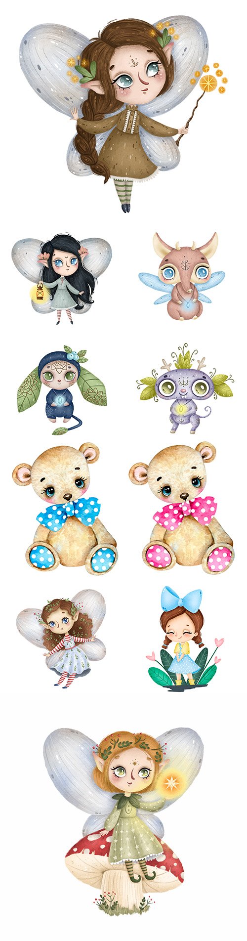 Cute little forest fairy with magic wand and funny characters