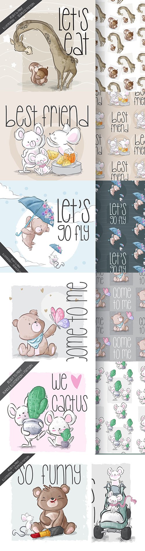 Cute cartoon animals and seamless background 17