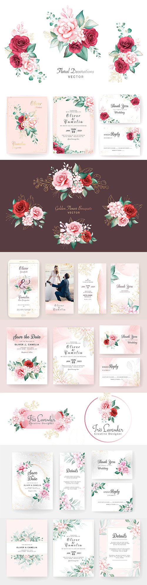 Watercolor bouquets wedding invitation and logo design