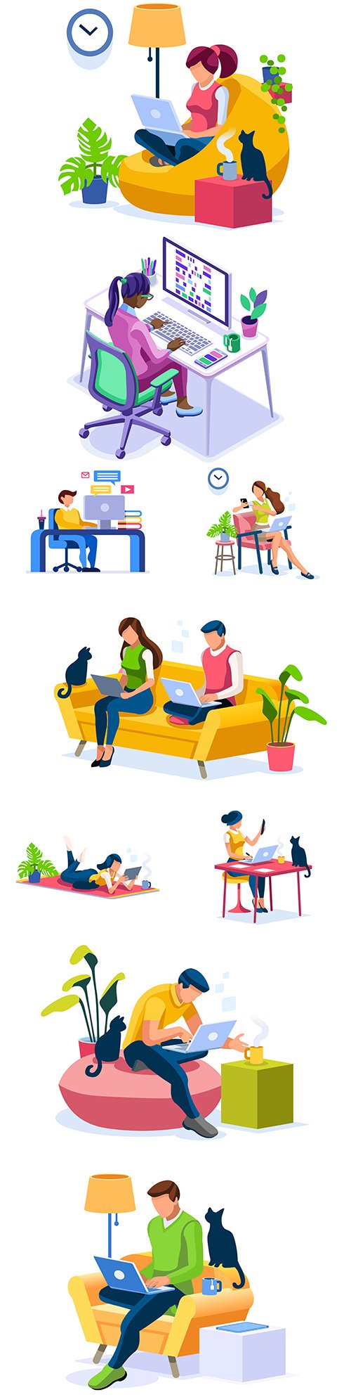 Stay at home people work at home design isometric illustrations