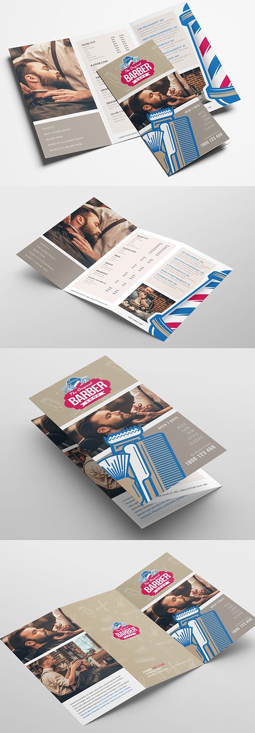Trifold Brochure Layout with Barber Shop Themed Illustrations