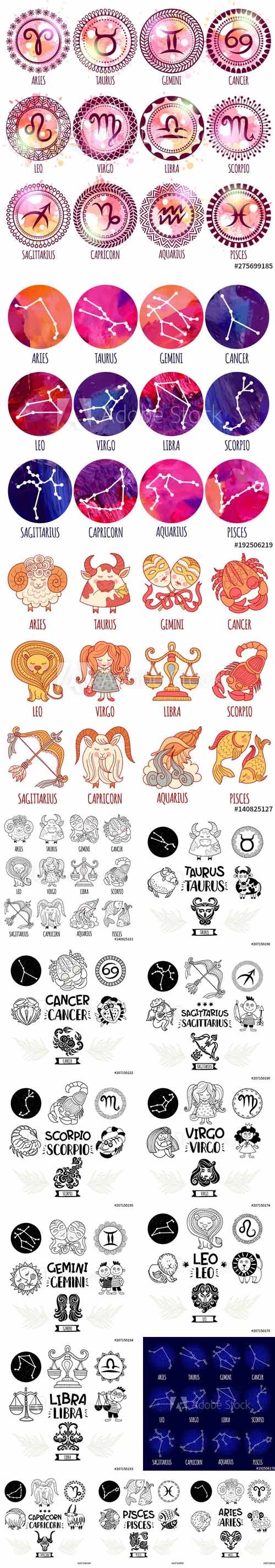 Vector Set Illustrations and Icons of Zodiac Symbol