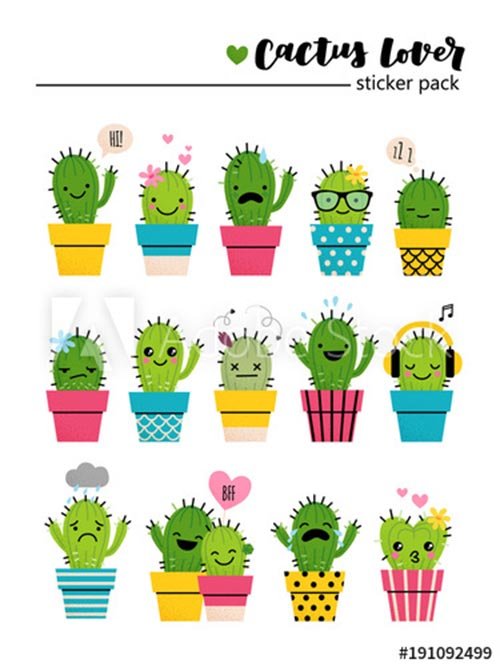 Sticker pack with cute cactuses in bright colored pots vector