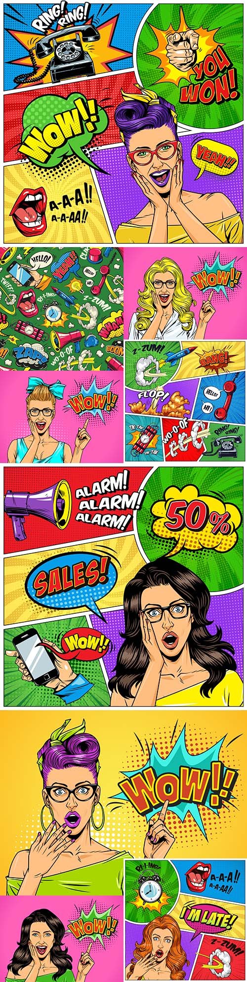 Comic bright strips with explosive half-tone rays and girl Pop art