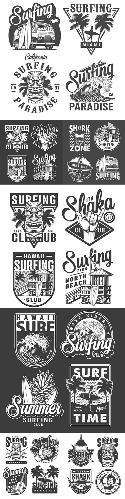 Monochrome vintage badges and surfing emblems