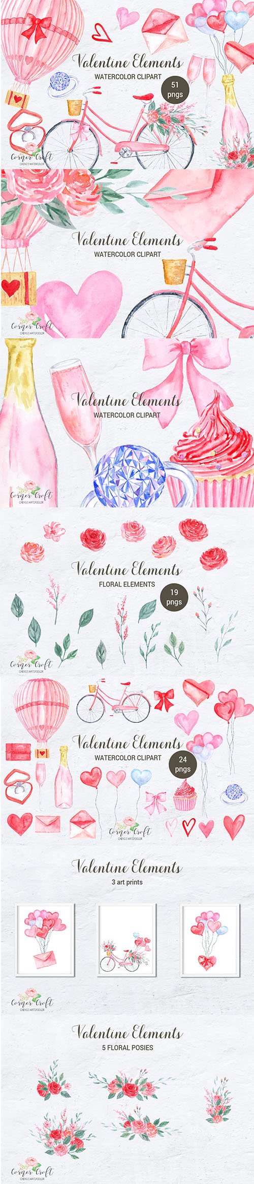 Watercolor Valentine Elements