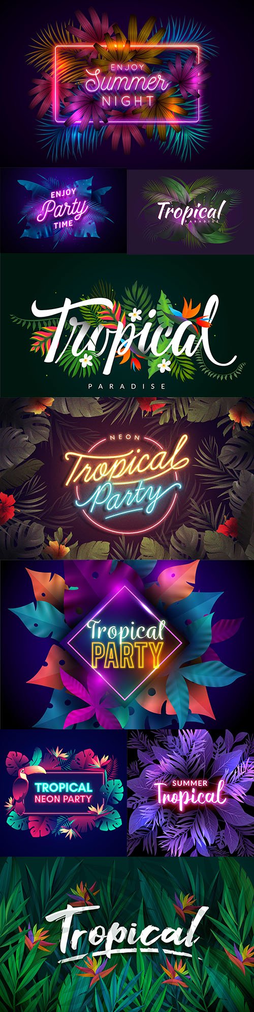Tropical party neon inscription with leaves and flowers