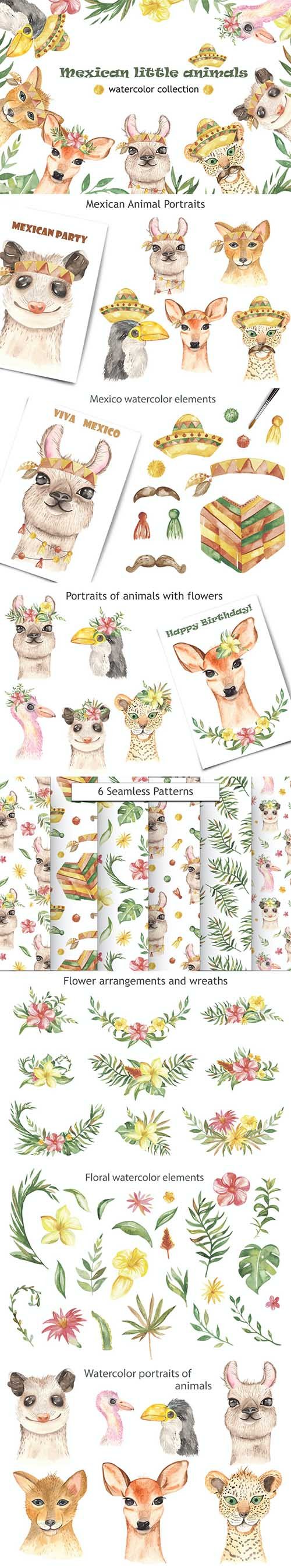 Watercolor Mexican little animals