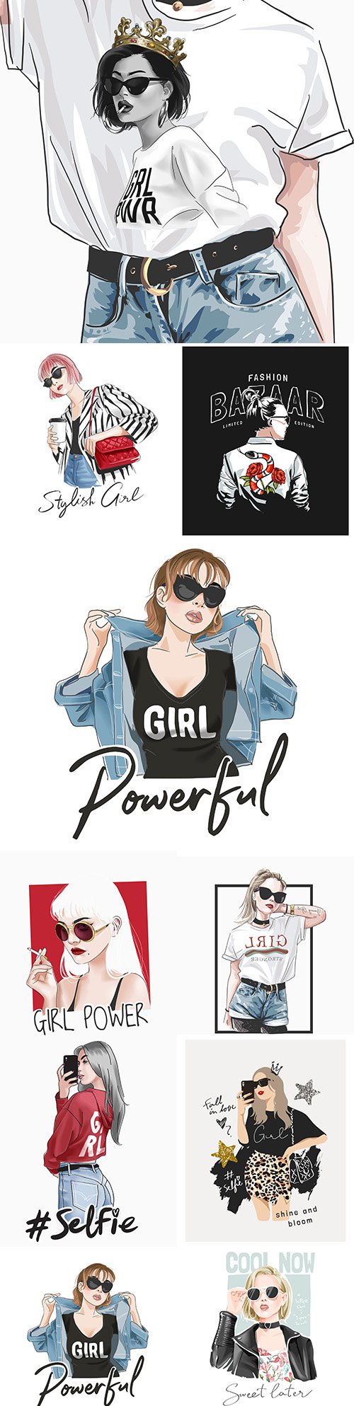 Stylish girl in glasses and trendy clothing illustrations