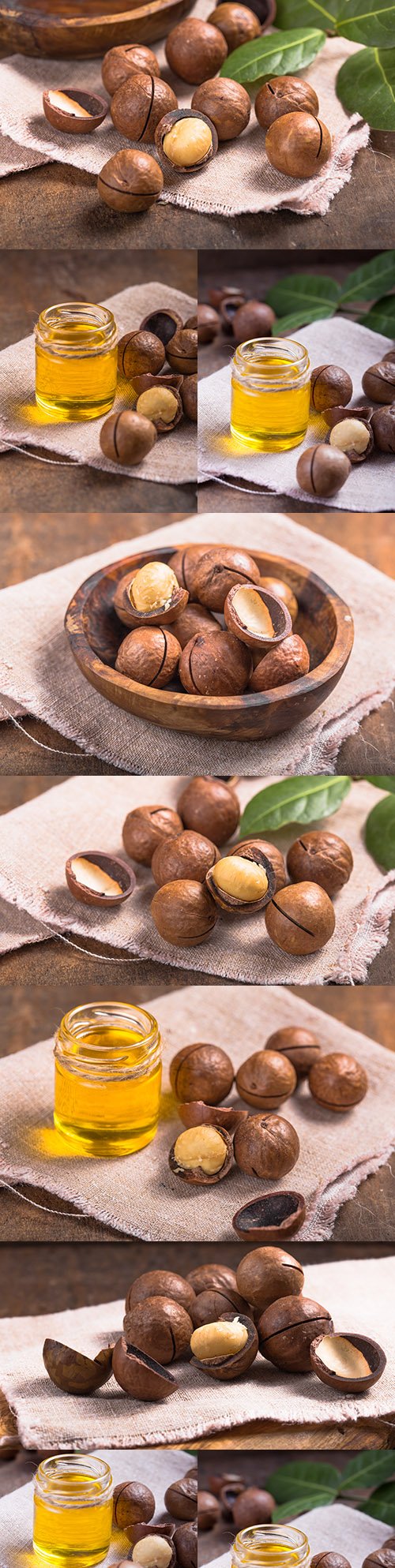 Aromatic oil and macadamia nut with leaves on sac