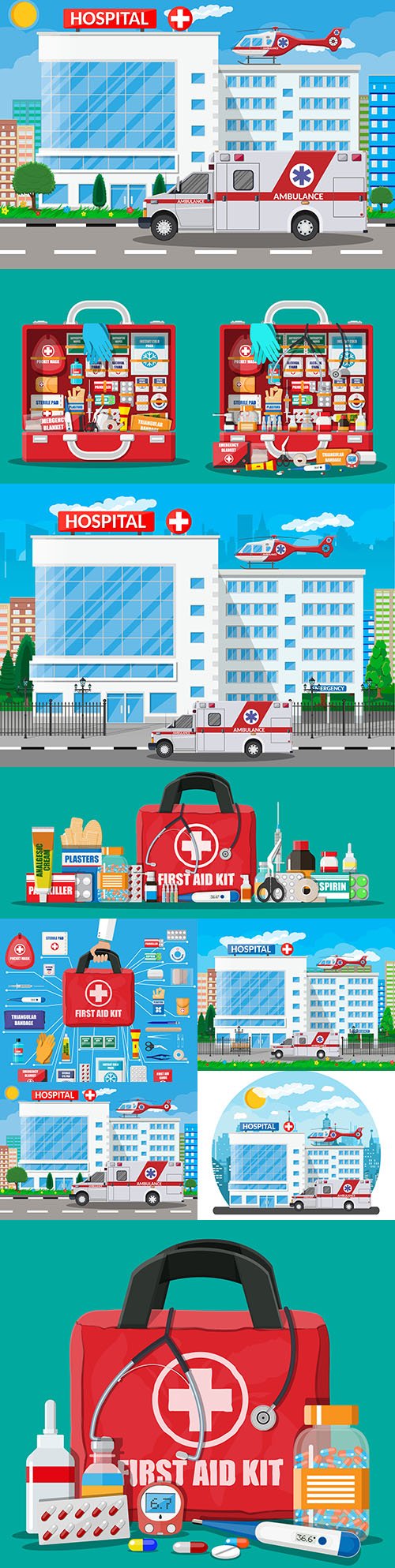 Hospital with ambulance and medical suitcase with tools