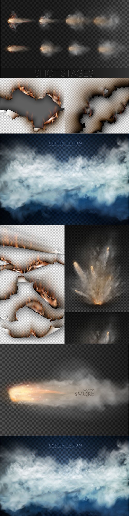 Paper with burned fire and fog with smoke transparent background