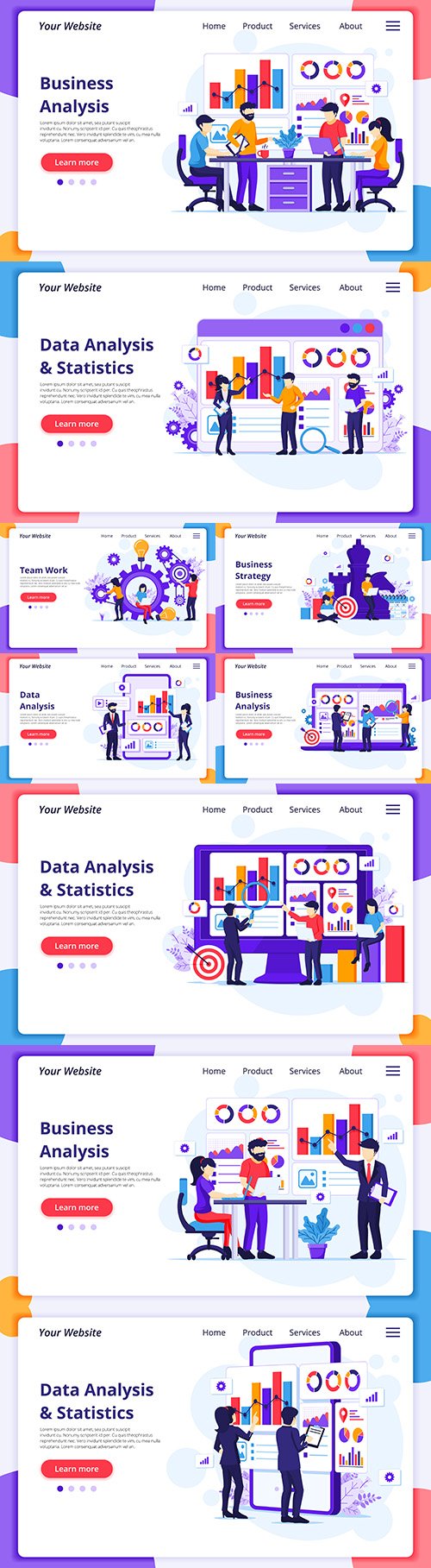Business analysis people work with charts landing page template