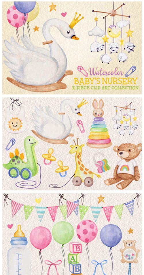 Watercolor Baby Nursery Clip Art Set 4123751