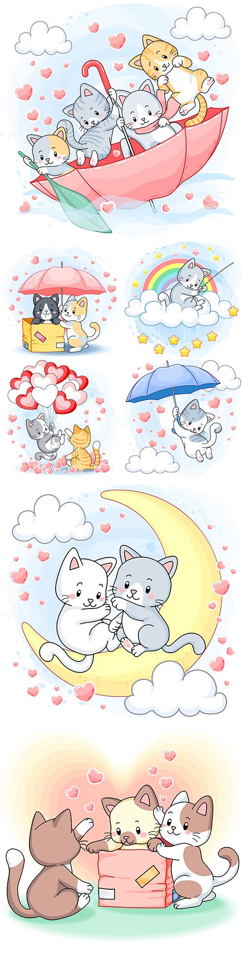 Nice funny kittens with umbrella and hearts illustration