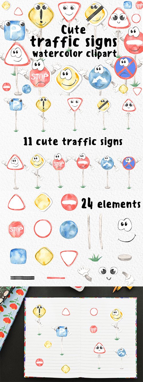 Watercolor Cute traffic signs Clipart