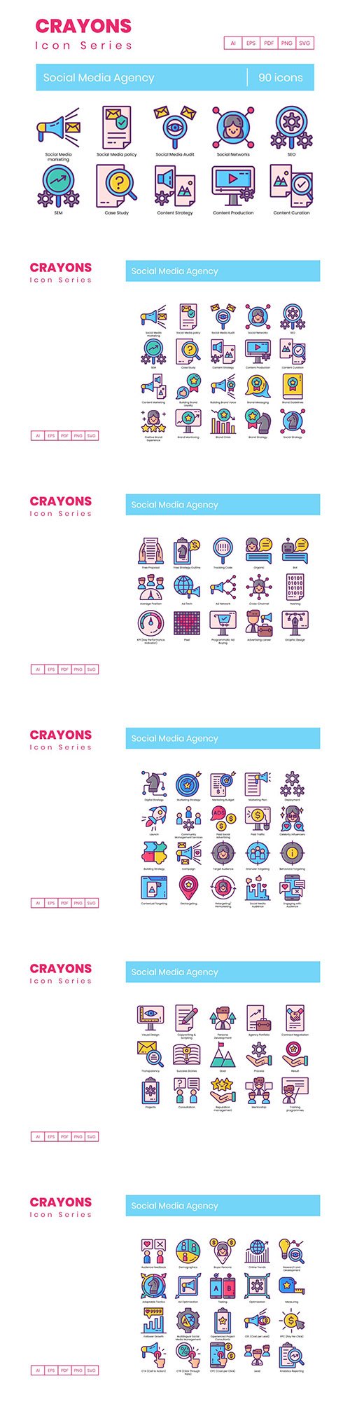 90 Social Media Agency Icons | Crayons Series