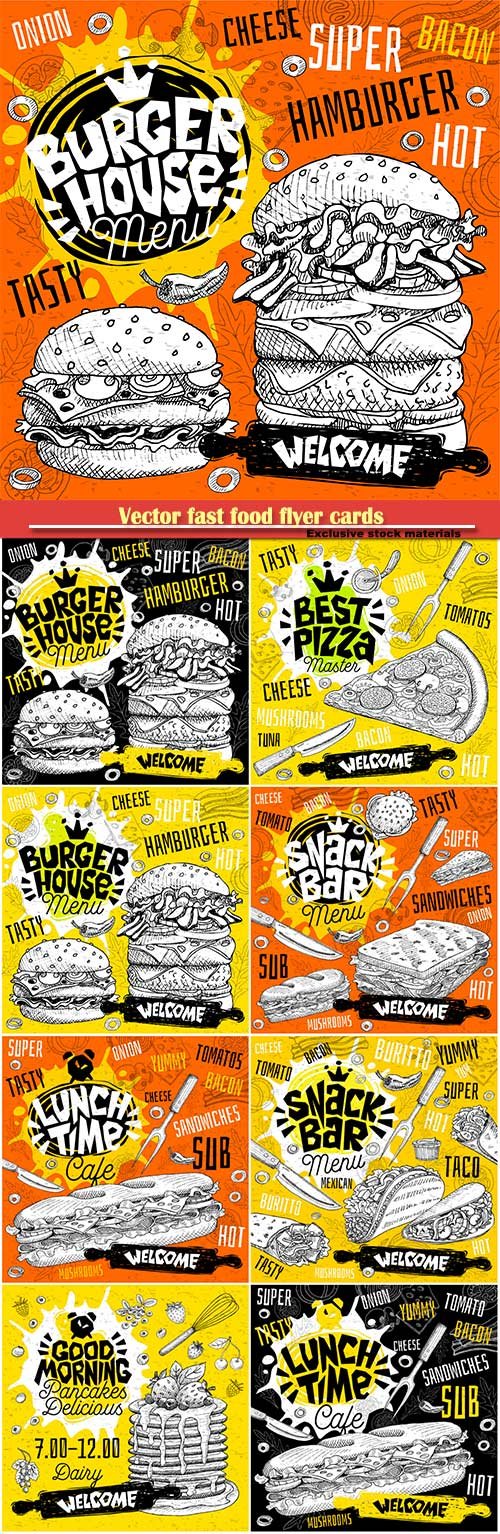 Vector fast food flyer cards for bar cafe restaurant menu