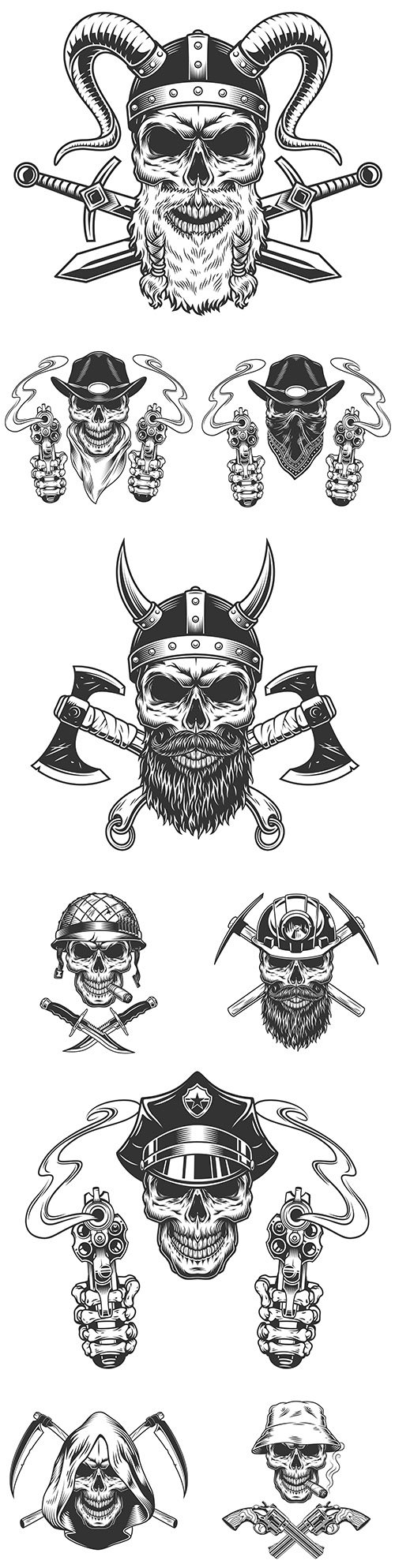 Vintage Viking skull in cowboy hat and gun scarf