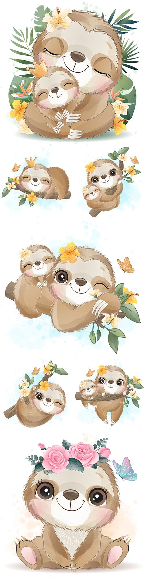 Cute lazy mother and baby with flowers watercolor