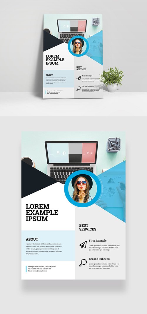 Flyer Layout with Blue and Gray Geometric Elements