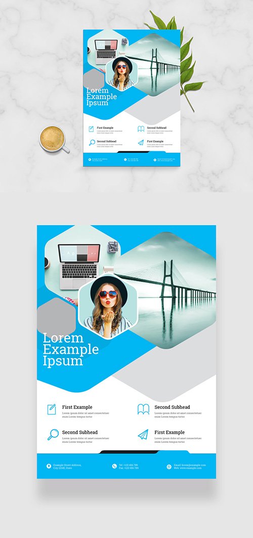 Business Flyer Layout with Cyan Geometric Elements