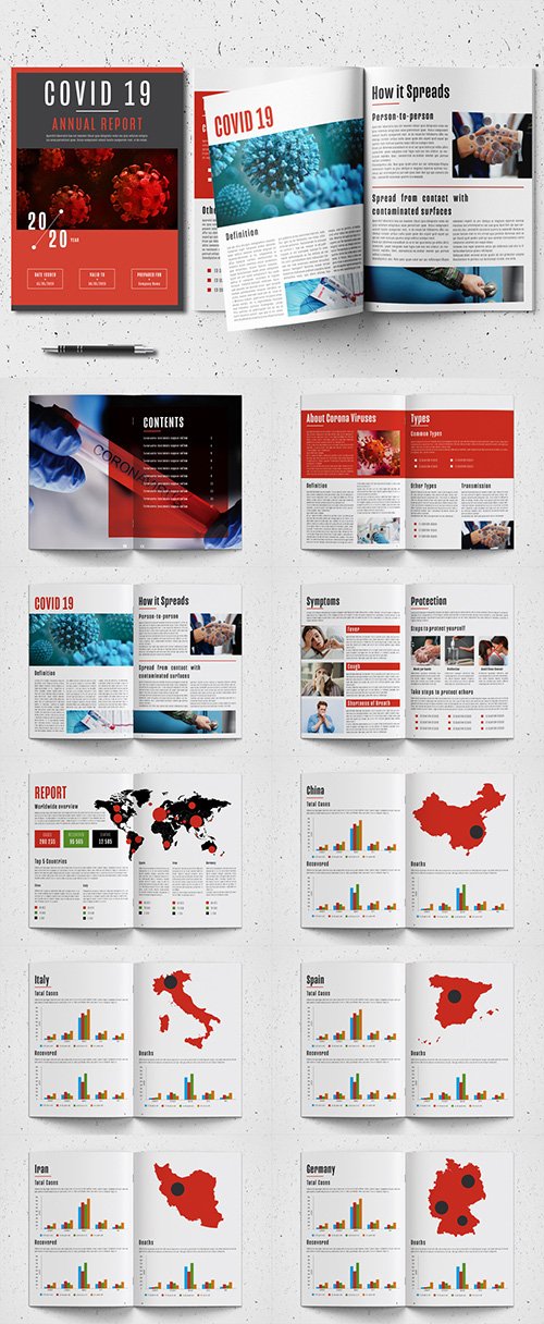 Annual Report Layout with Red Accents and Coronavirus Illustrations