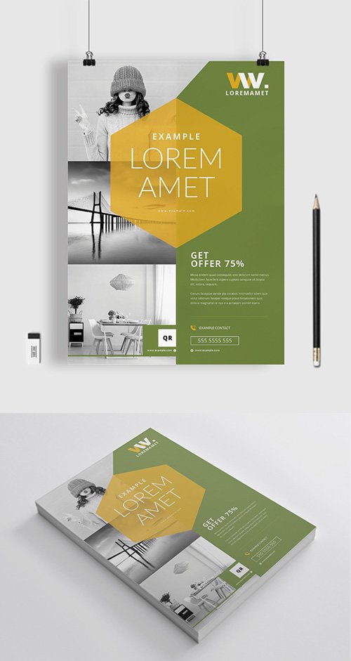 Flyer Layout with Yellow Hexagonal Overlay Element and Green Accents