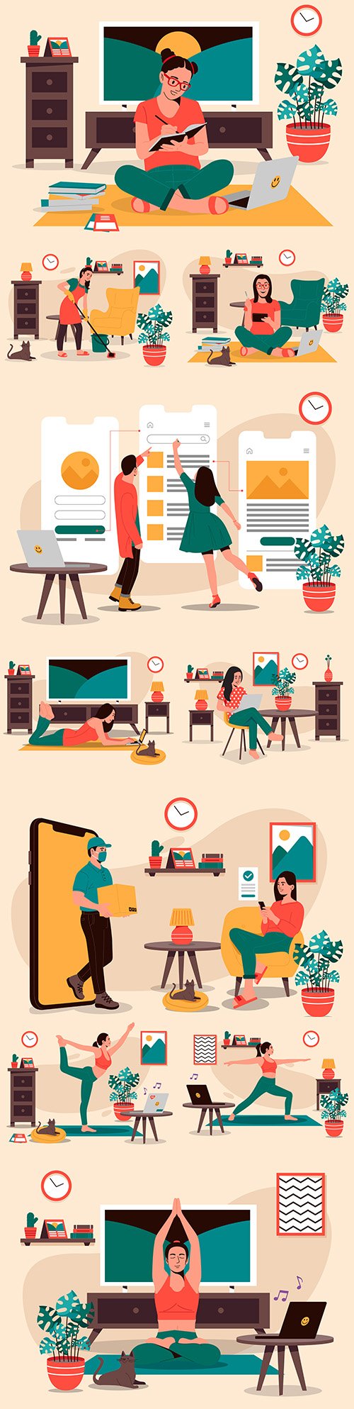 Girl studies at home, does yoga and rest illustrations