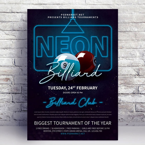 Neon billiard night - Flyer psd template