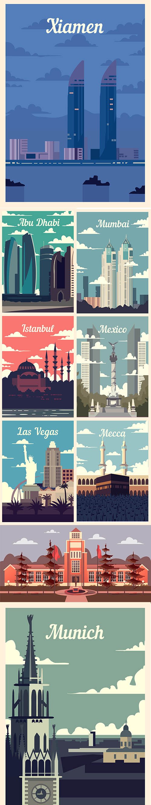 Retro Poster City Skyline Vector Illustrations