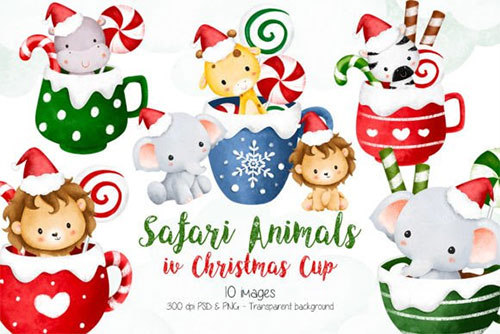 Christmas Safari Animals in Cup Clipart