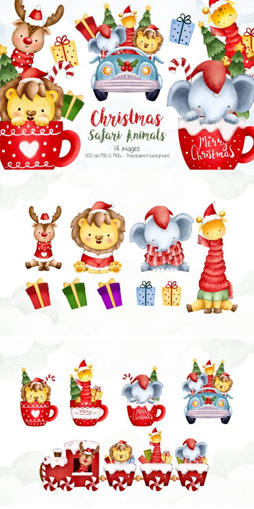 Safari animals and Christmas Elements Clipart