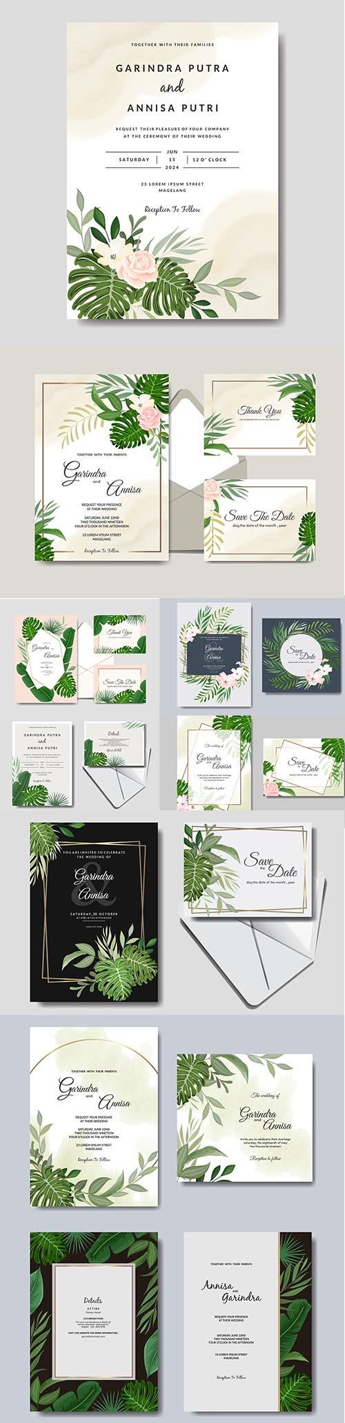 Wedding invitation card template set with tropical leaves