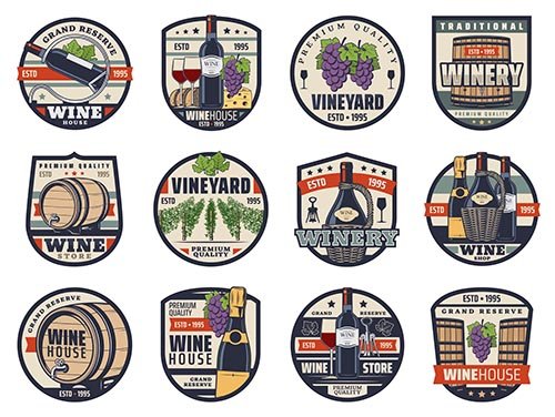 Wine, winemaking and viticulture icons set