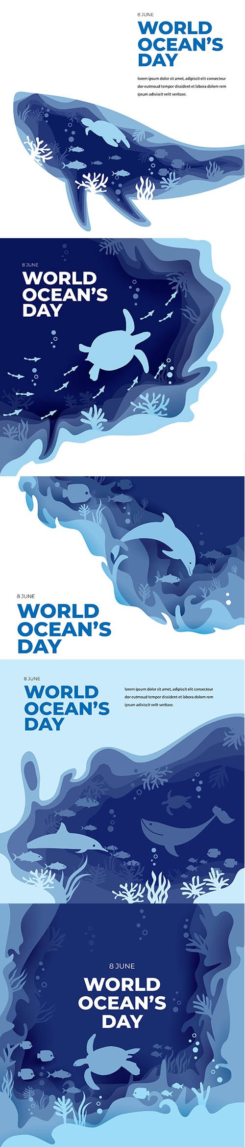 World oceans day paper art flat greeting card