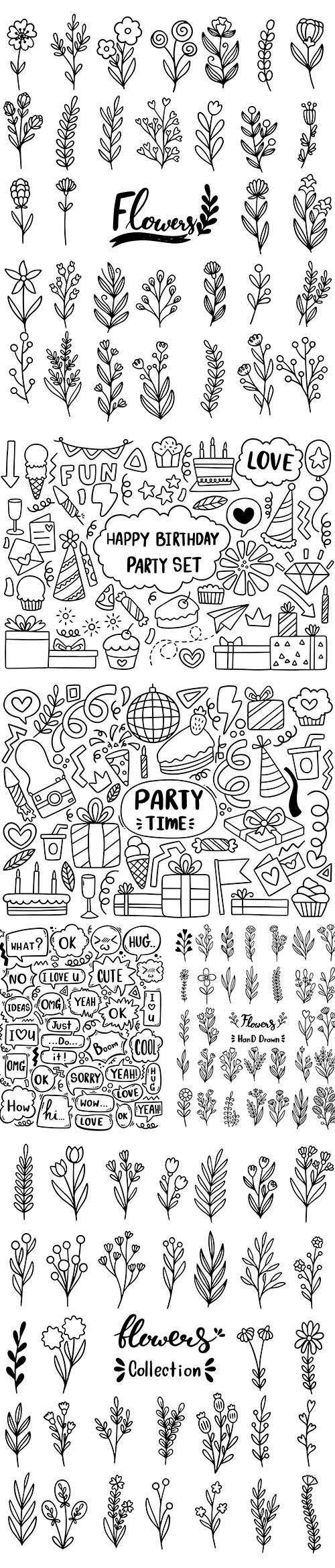 Hand drawn party doodle cute speech bubble eith text and flowers