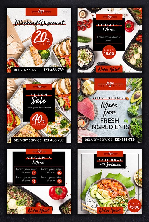 Restaurant Social Media Layout Set with Red and Back Accents 354401647