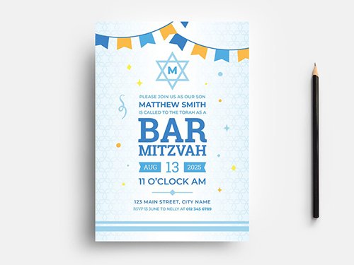 Bar Mitzvah Party Flyer Layout with Bunting & Star of David Pattern