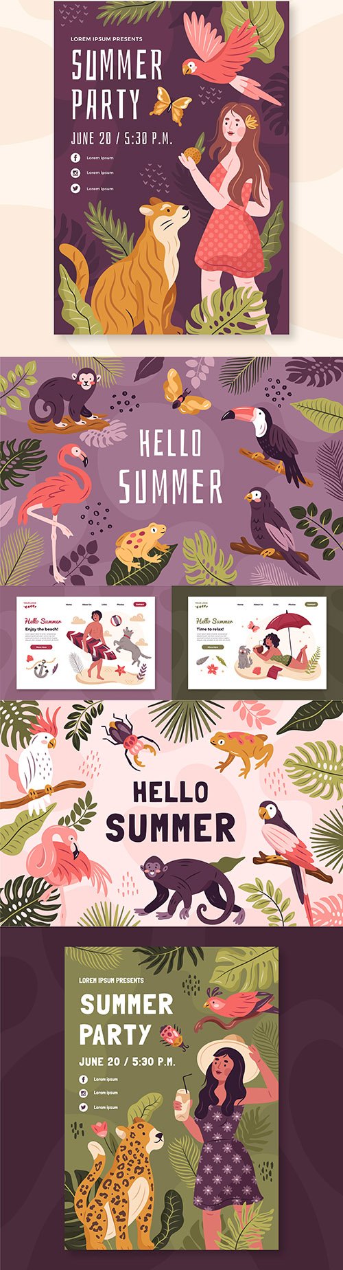 Summer party and tropical animals hand-drawn poster