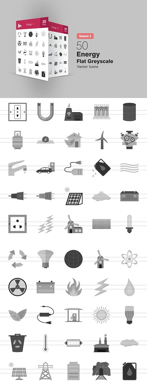 50 Energy Flat Greyscale Icons Season II