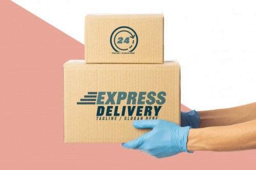 Closeup delivery man holding cardboard box mockup