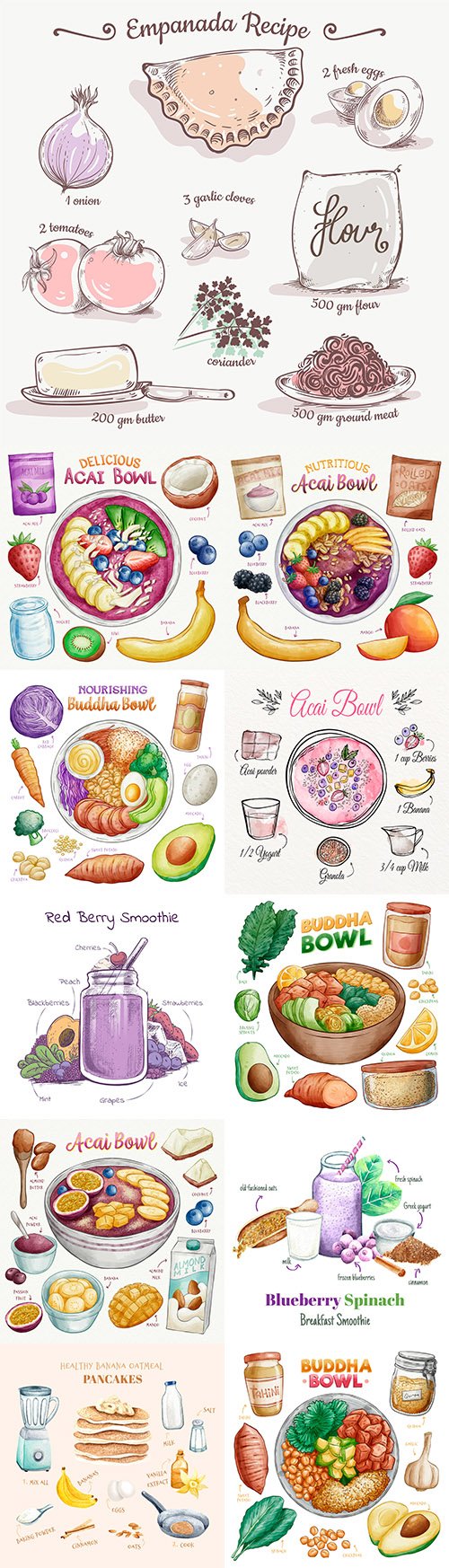 Buddha bowls and Acai recipes drawn illustrations