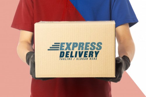 Closeup delivery man holding cardboard box mockup