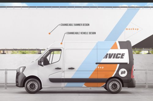 Vehicle With Outdoor Advertising Banner Mockup