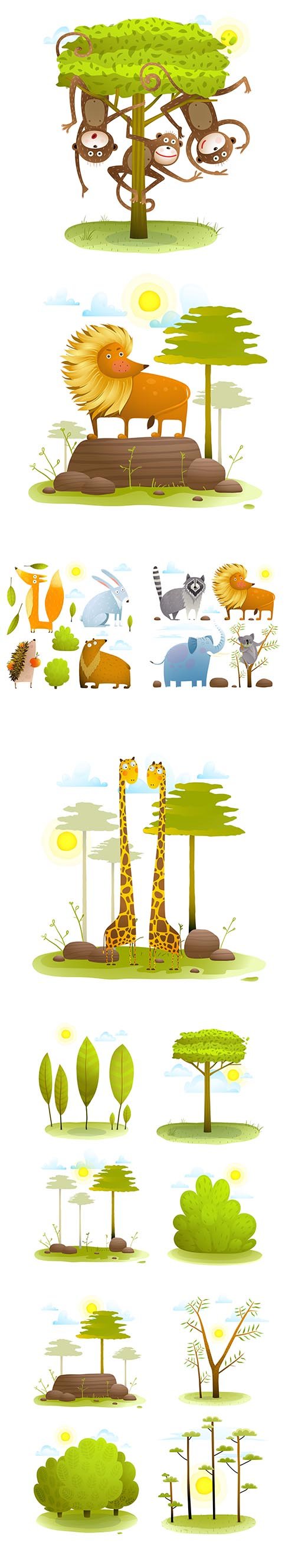 Animal cartoon in wild nature with trees lawn and rock