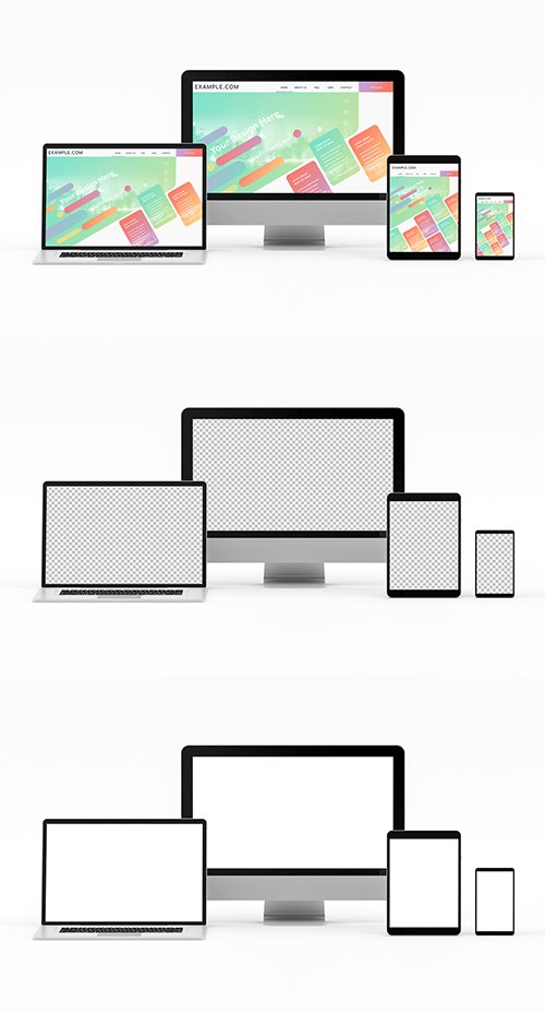 4 Devices Aligned on White PSDT Mockup